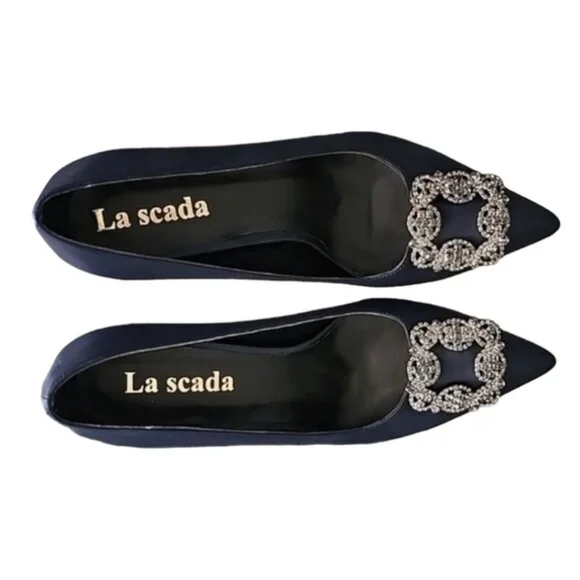 LA SCADA Navy Satin Pumps 37 7 Heels Jeweled Brooch Pointy Toe Euro Luxe - Picture 8 of 16